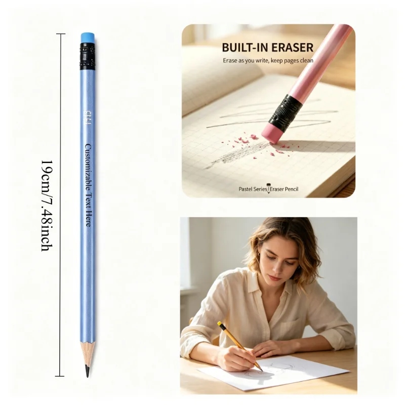 50PCS customizable erasable pencils with HB lead featuring custom logo options Ideal for sketching painting and study supplies