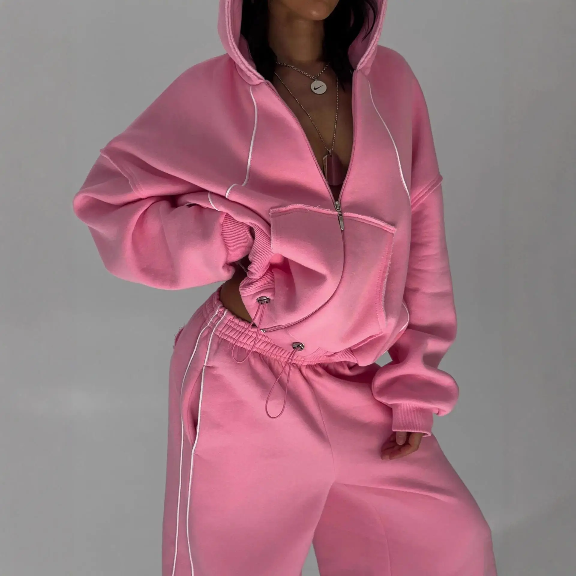 

Sports Two Zipper Long Hooded Sweatshirt And Line Women's Fashion Set Autumn Season Color Pattern Long Sleeve Pants