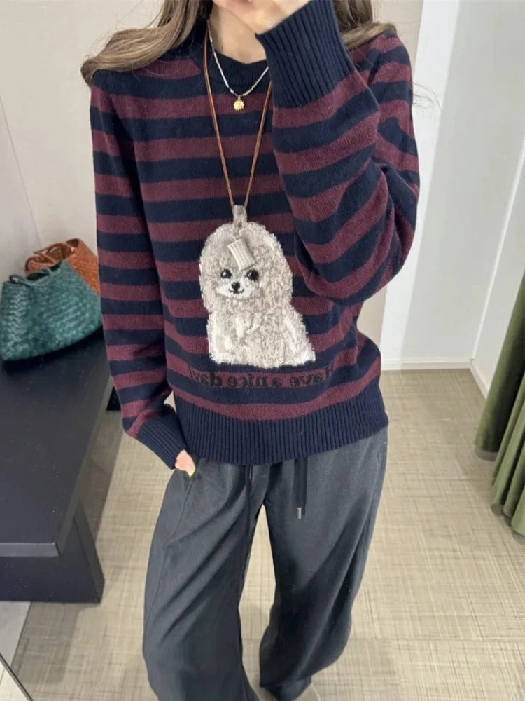   가을 겨울 여성 니트 스웨터 울 루즈핏 레터 패턴 강아지 프린트 따뜻한 보온 롱 스웨터 라운드 넥...