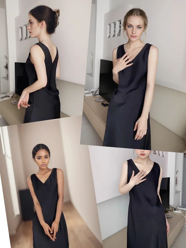 Women Summer Dress Front Back V-Neck Sleeveless Slim Fit Dress Artificial Silk Satin Thin Smooth Asian Size Type Casual 2024