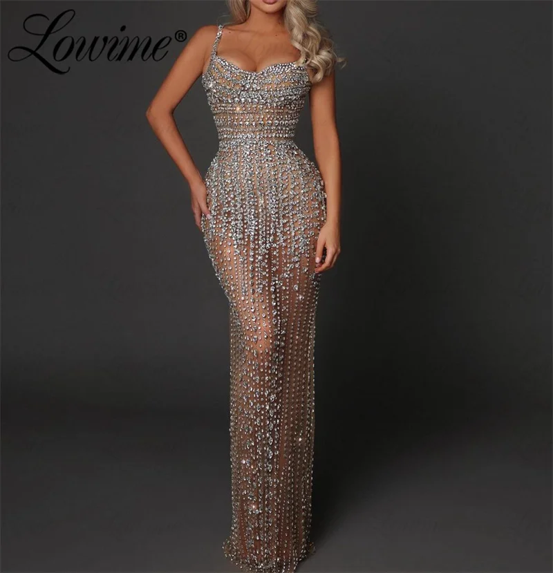 Dark Champagne Full Crystals Luxury Evening Dresses For Women 2024 Customized See Through Party Dress Robe De Soiree Prom Gowns