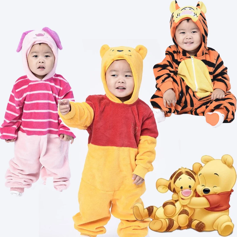 Winnie The Pooh Pajamas Disney Child Siamese Pajamas Tigger Long Sleeves Tracksuit Cute Baby Hooded Crawling Clothes Wholesale