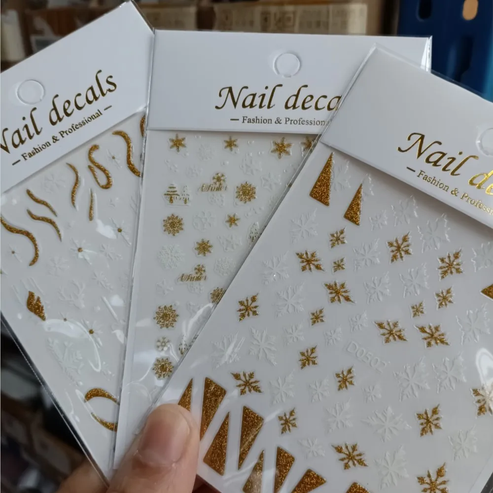 1pc 3D Gold Glitter White Snowflake Nail Sticker Self-Adhesive Christmas Glitter Nail Decals Xmas Tree Elk Bell Manicure Sliders