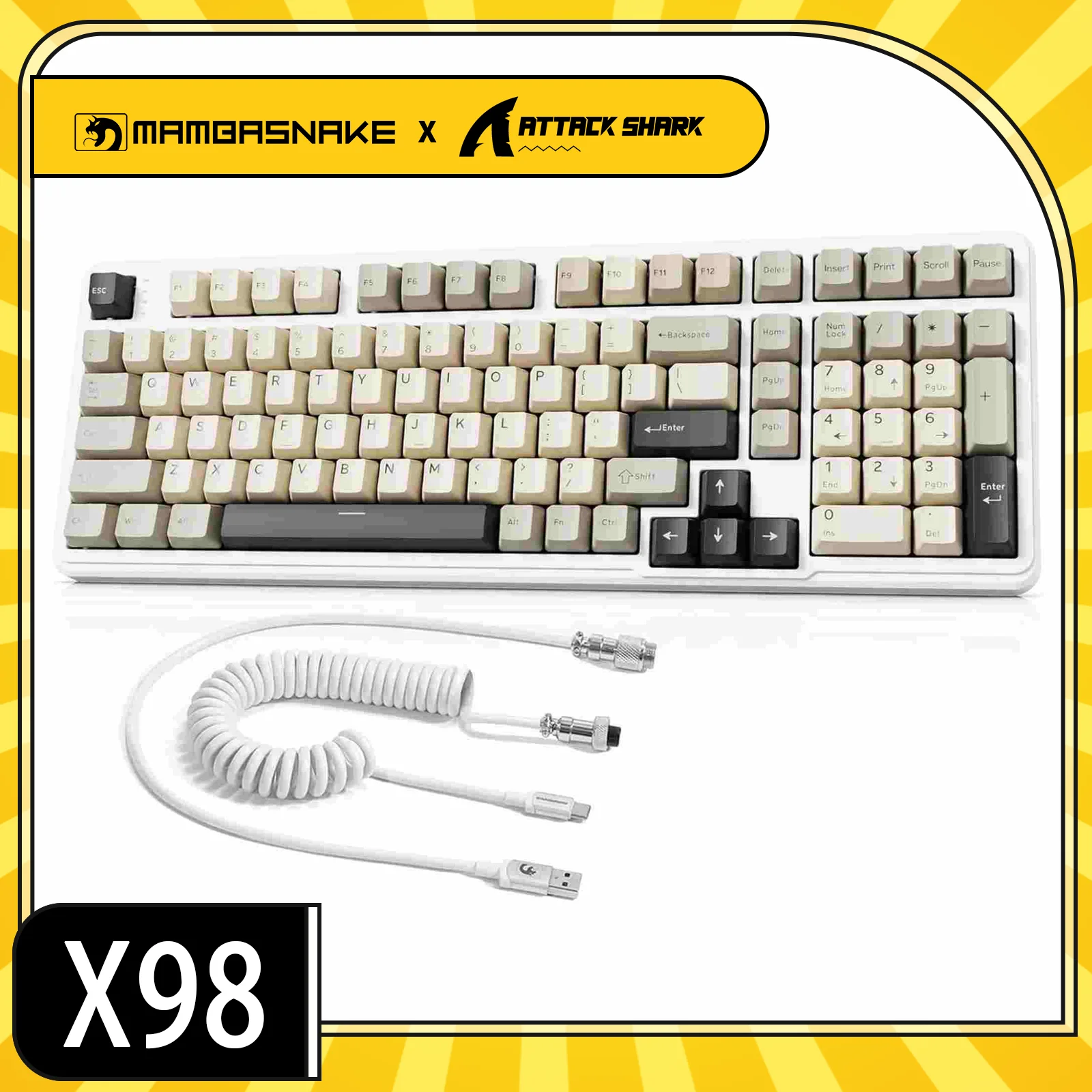 

Механическая клавиатура MAMBASNAKE x Attack Shark X98, беспроводная игровая клавиатура со спиральным кабелем, трехрежимная 2,4G/BT/USB-C