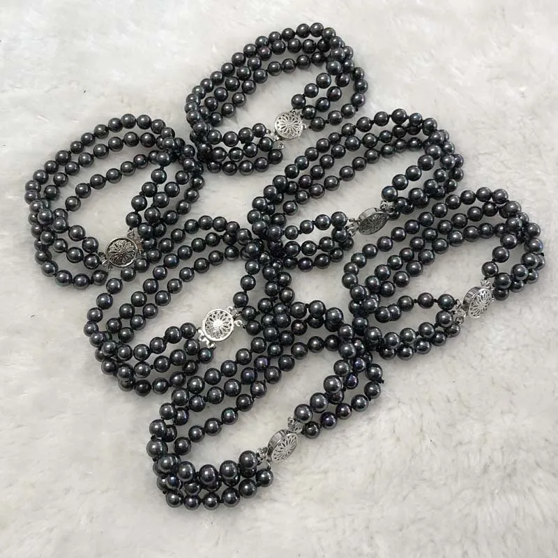 {ELEISPL]  AAA Wholesale 6 PCS 6mm 3ROWS Round Sea Shell Black Pearl Beads Bracelets  #23503-3