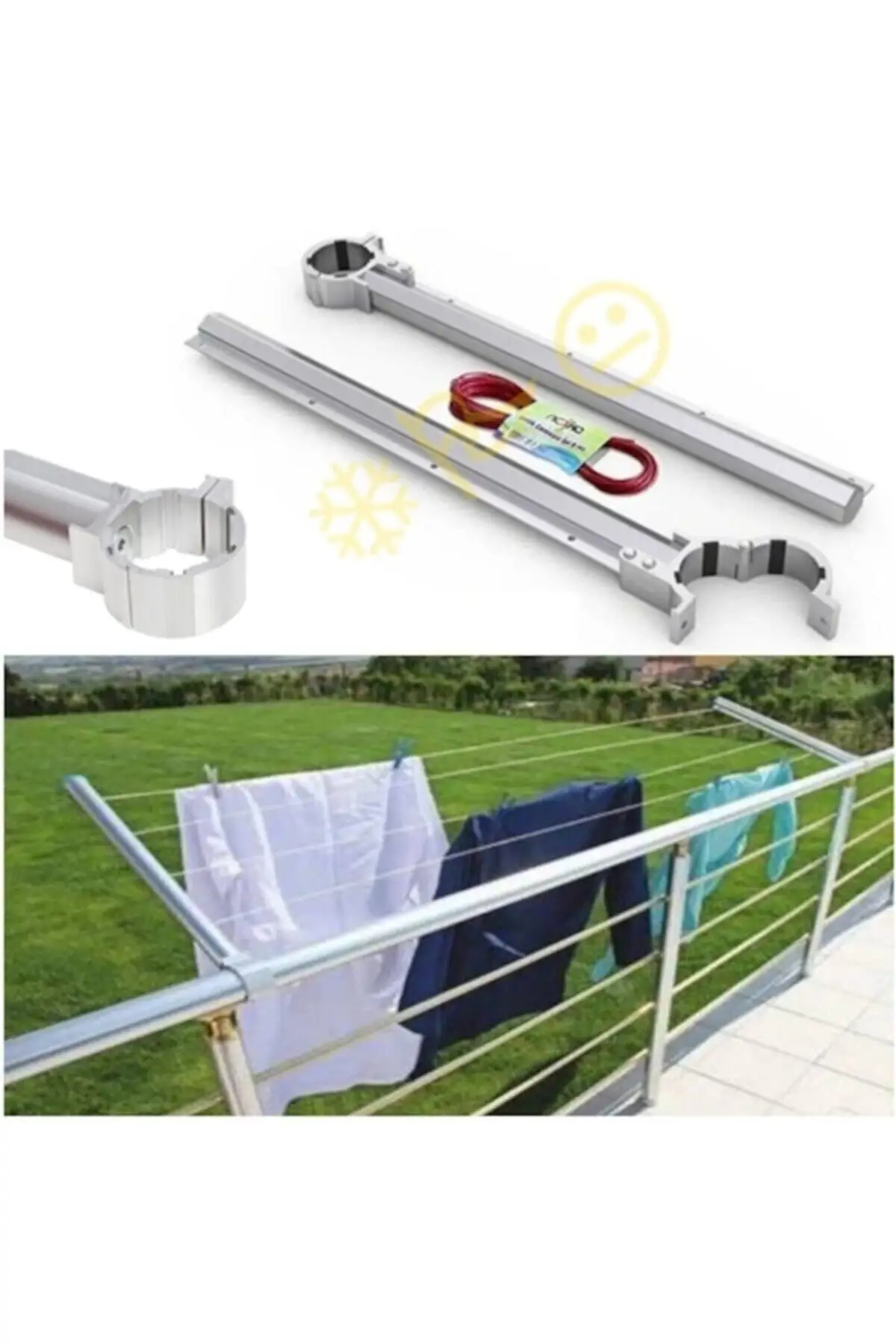 Aluminum Balcony Iron Laundry Hanger + Washing Line + Allen Key + Plastic Wicks Quality Stainless Not Affected by Rain