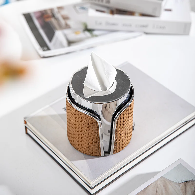 Modern Stainless Steel Leather Buyer Paper Box Home Ornaments Dining Coffee Table Decor Cylindrical Vertical Rolls Tissue Box