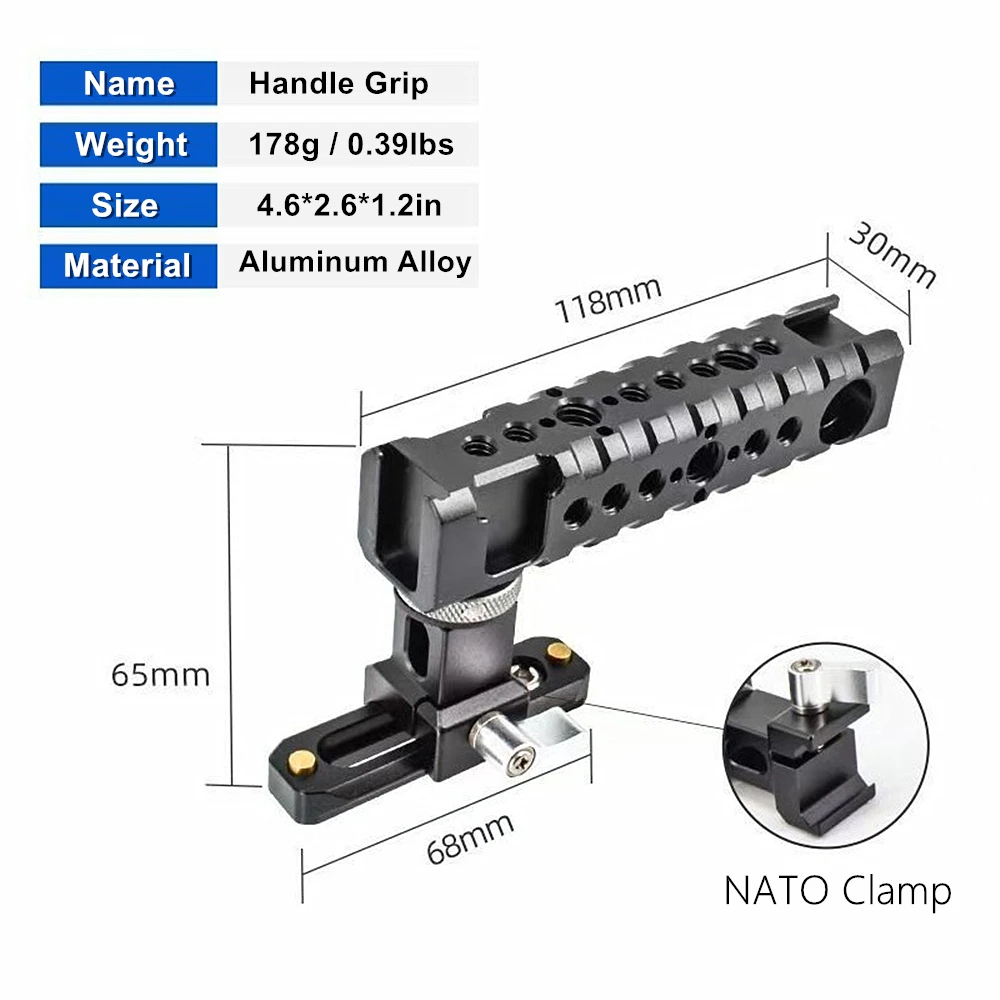 

70mm NATO Rail Top Handle with Cold Shoe Mount 1/4 3/8 Thread ARRl Locating Hole for Sony Canon Nikon DSLR Camera Cage Handle