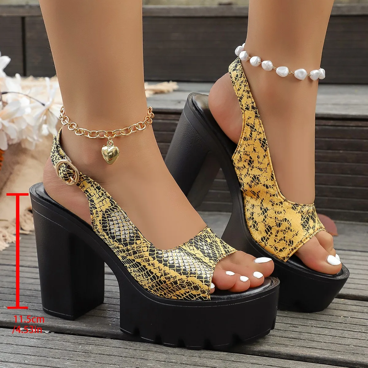 New Summer Women Chunky-High-Heels Open-Toe snake pattern Ankle buckle Sandals Fashion outdoors Non-slip banquet party Shoes
