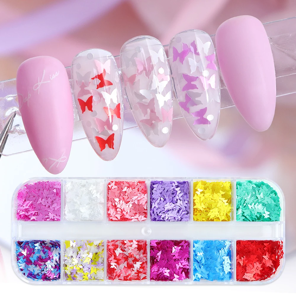 12 siatek/pudło perłowy motyl brokatowe płatki ozdoby do paznokci kolorowe cekiny Kawaii springs styl Decoracion Uñas 3D