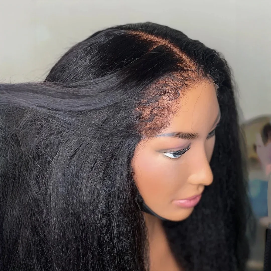 180%Density Long Natural Black Kinky Straight Yaki Soft 26Inch Lace Front Wig Preplucked Glueless Wig For Women synthetic