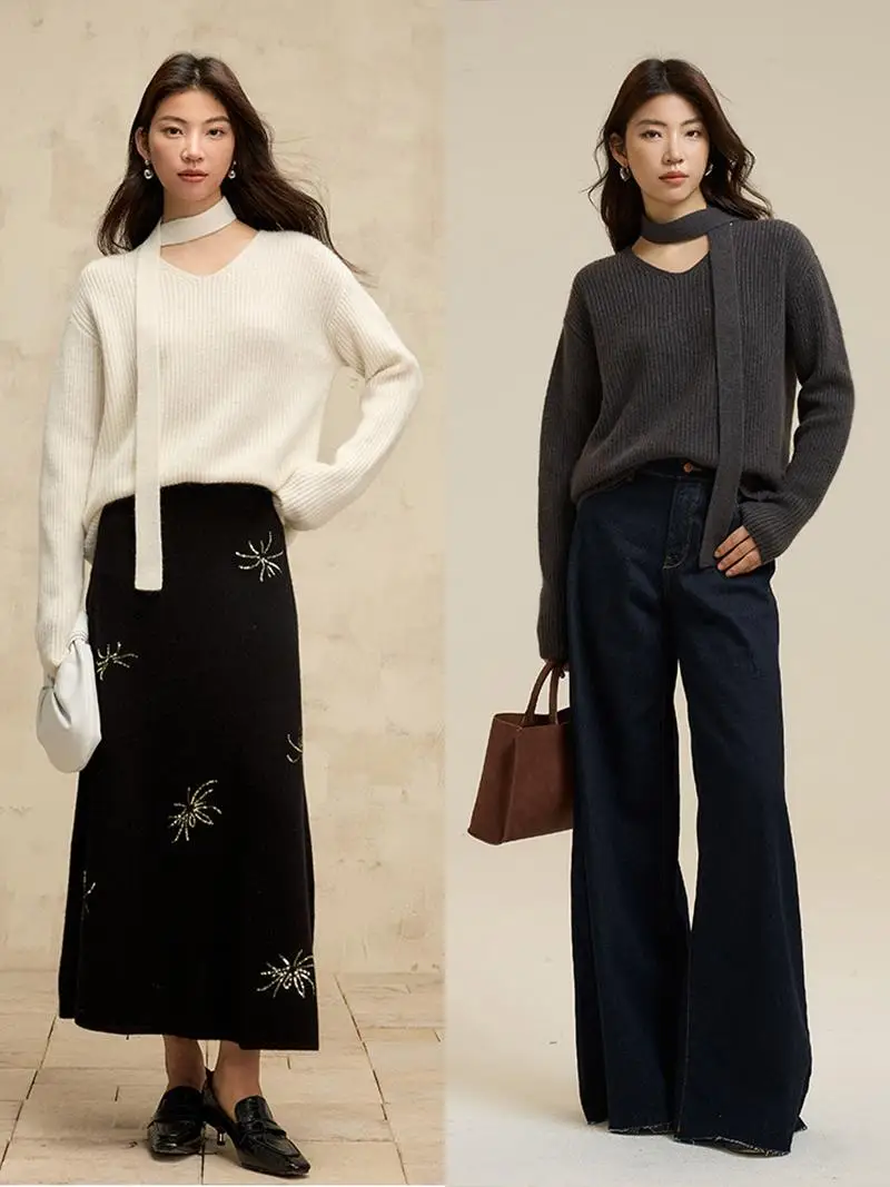 

TINNTINN Ne Hanging Silk Wool Bear Fur V-ne Soft Thin Band Knitted Sweater Women's Loose Fit Warm Thi Long Sve Winte...