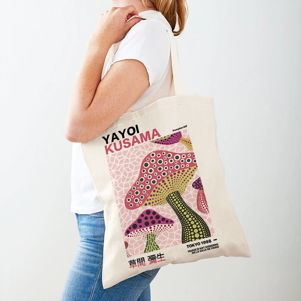 Yayoi Kusama Women Shopper Bag Mushroom Pumpkin Wave Dot Girl Tote Handbag Double Print Fashion Art Casual Lady Shopping Bags