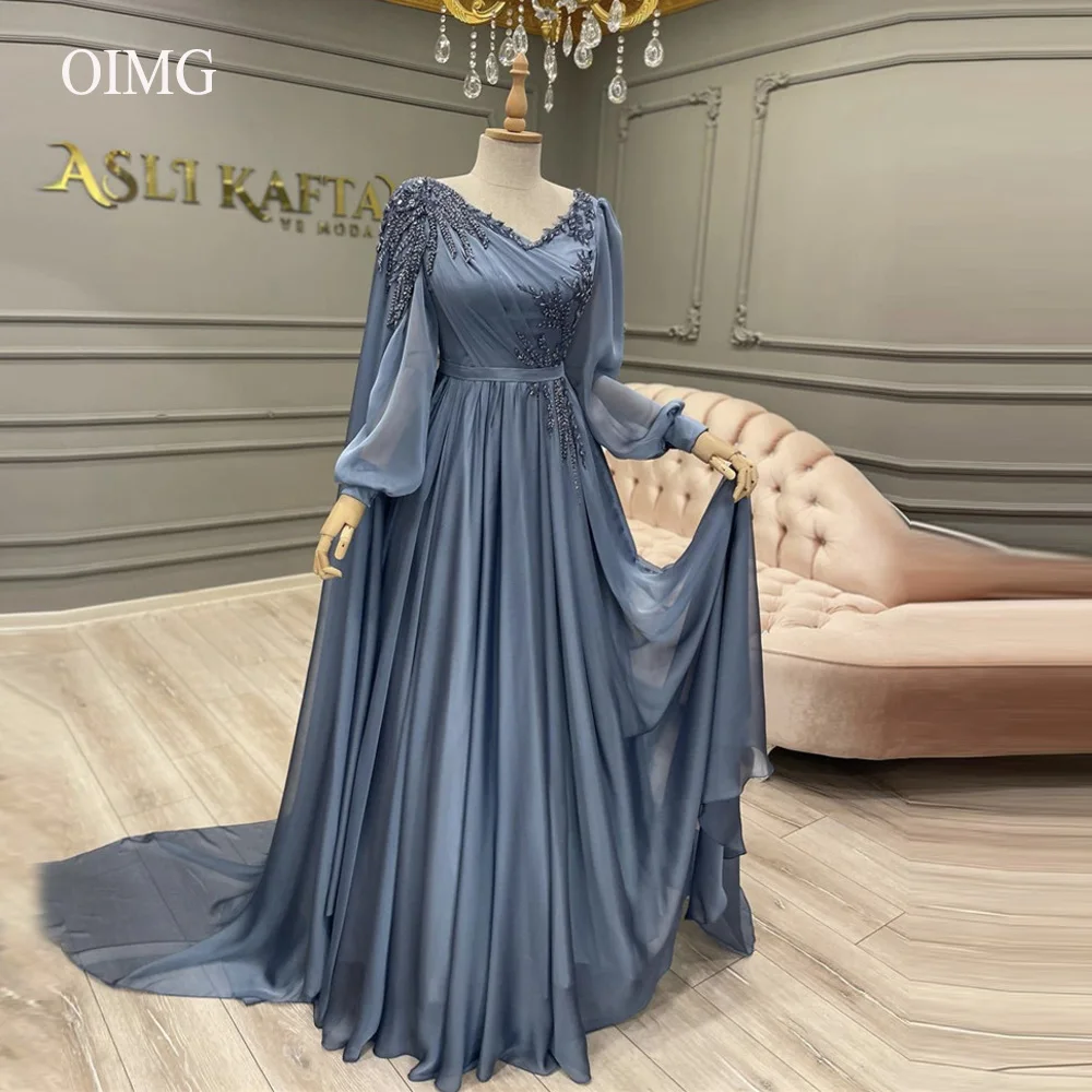 Oimg Stoffige Blauwe Chiffon Avondjurken Lange Mouwen Cape Trein Kralen Prom Dress Bruiloft Evenement Dubai Vrouwen Elegante Formele Jurk