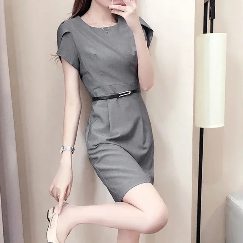 

Summer New Office Lady Fashion Bodycon Dress Women Temperament Solid Color Robe Femme Short Sleeve Slim Vocation Vestido J101