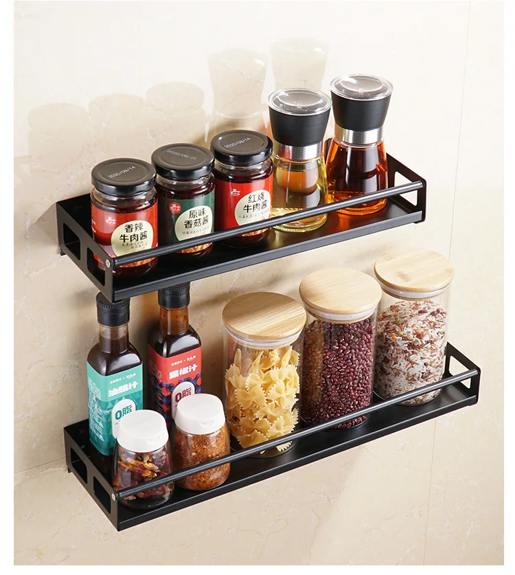 Wall Mount Kitchen Organizer Shelves Spice Jar Storage Rack Seasoning Holder Stainless Steel Shelf Kitchen Accessories