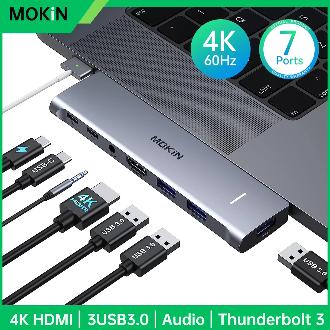 MOKiN-estación de acoplamiento USB C, Adaptador 4K HDMI, 3 USB 3,0 5gbps, USB C 3,0 y 100W Thunderbolt 3, Audio, para MacBook Pro/Air M1M2