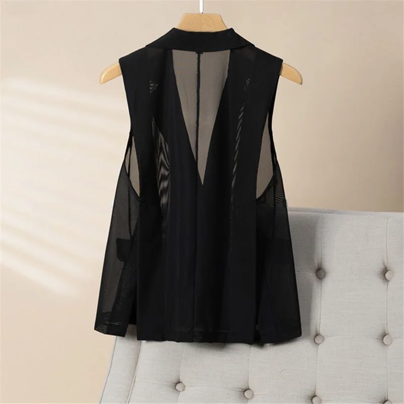 Women's Summer Thin See-Through Mesh Sleeveless Jacket Elegant Office Ladies Black Suit Vest Slim Fit Sheer Waistcoat Cardigan
