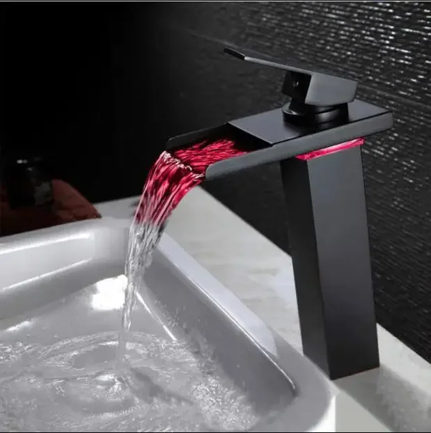 High Quality Antique Oil Rubbed  Led Waterfall Faucet Bathroom Basin Sink Mixer with two plumbing hoses water tap