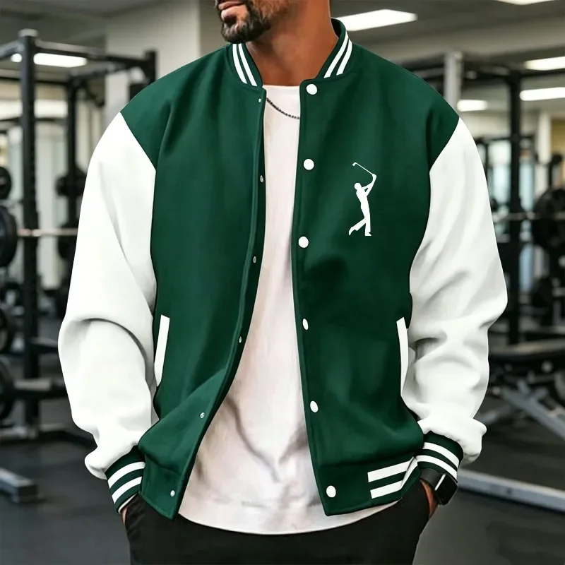 Men Spring Autumn Winter  Spliced Sleeve Ribbed Cuff Button Golf Player Print Loose Varsity Coat S-3XL Gym Street