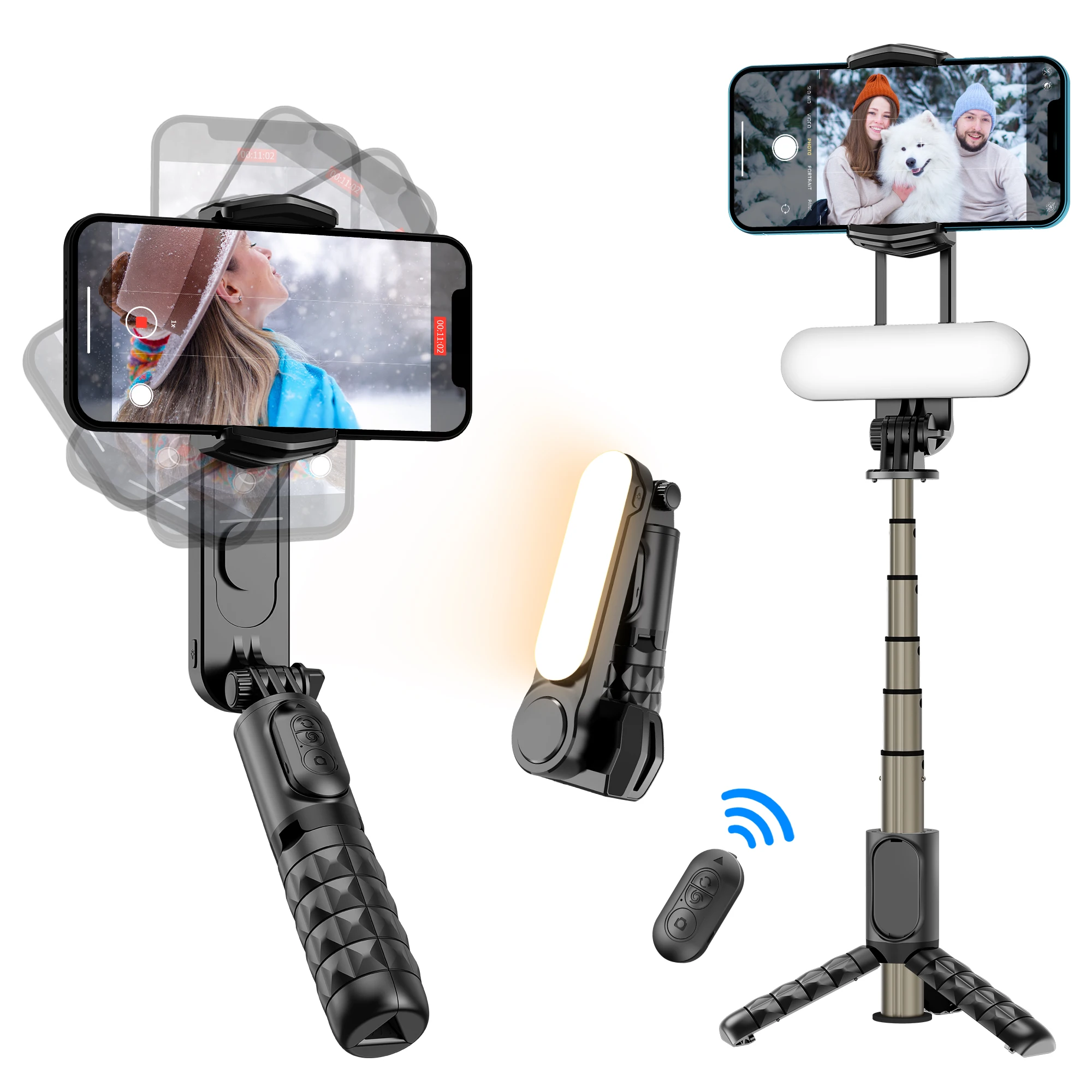 

Q09 Portable Fill Light Gimbal Stabilizer Telescopic Tripod Selfie Stick Phone Stand Holder for Huawei iPhone 13 Android Xiaomi