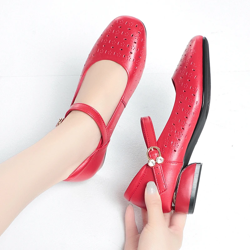 AIYUQI Mary Jane Shoes Women Red Openwork Spring Summer Women Dress Shoes Large Size Fashion Genuine Leather Women\'s Shoes