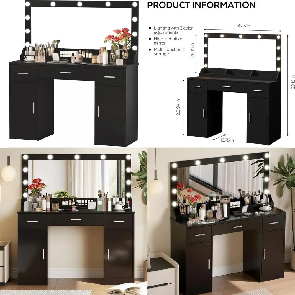 

47.5 Large Mirror Vanity Desk with 3-Color Lighting, Adjustable Brightness, Drawers, and Cabinets for Makeup