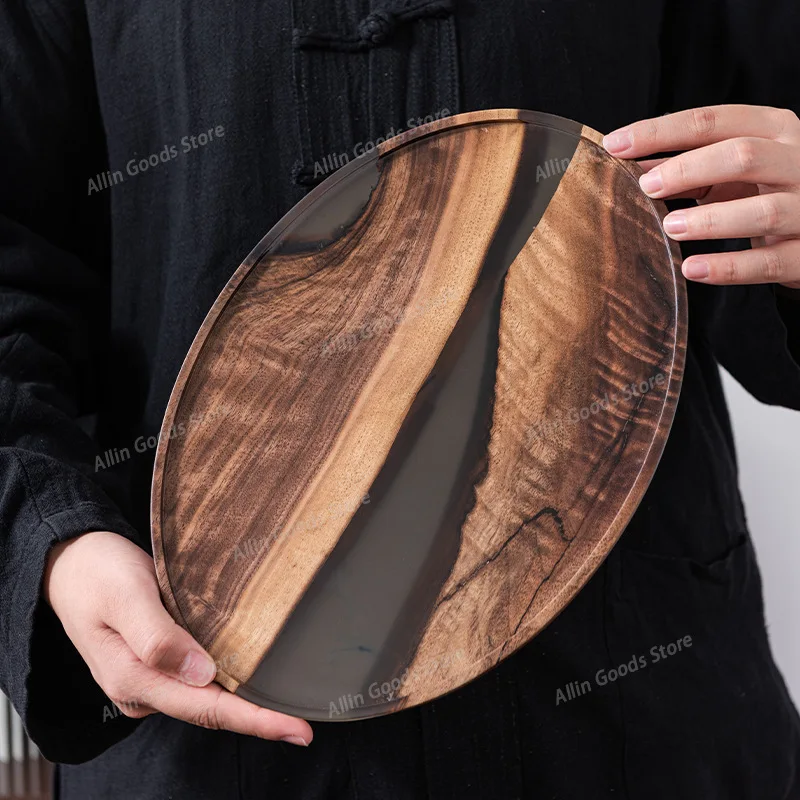 Walnut dry brewing tray Household Japanese oval resin tea set tray Small solid wood  sea tea room tray