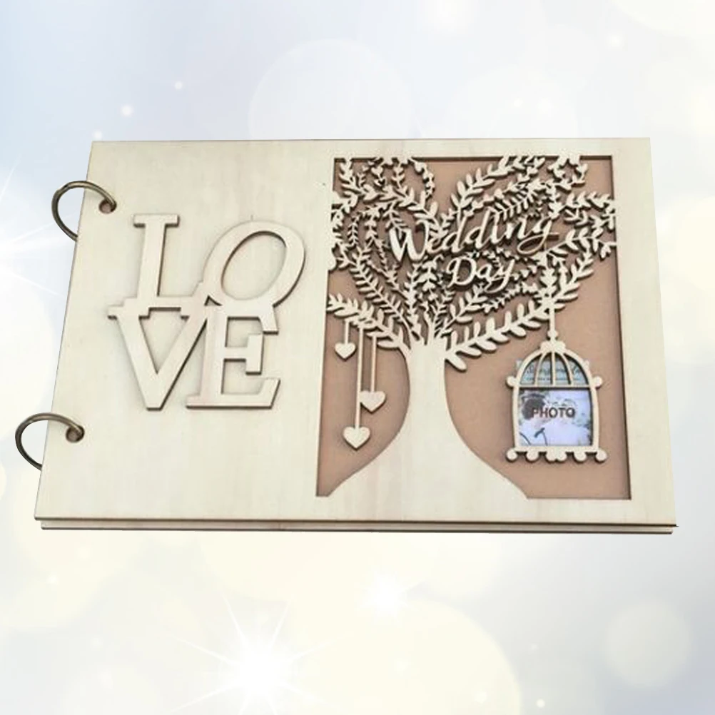

Vintage Wooden Guest Book for Wedding Party Love Photo Album Hollow Design Rustic Memory Sign-In Book Notebook