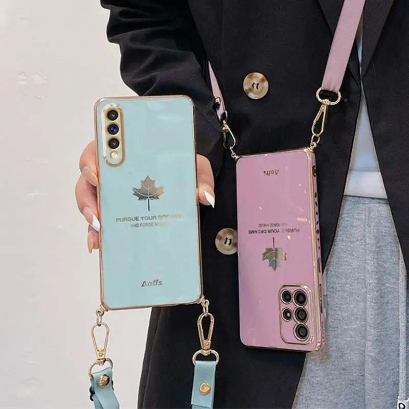 A 50 70 51 Crossbody Lanyard Maple Leaf Plating Case For Samsung Galaxy A50 A70 A7 2018 A31 A51 A71 4g A21s Cord Silicone Cover