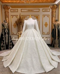 Luxury Satin Appliques Wedding Dress for Bride Long Sleeve High Neck Dubai Arabic Hijab Muslim Bride Gown custom robe de mariée