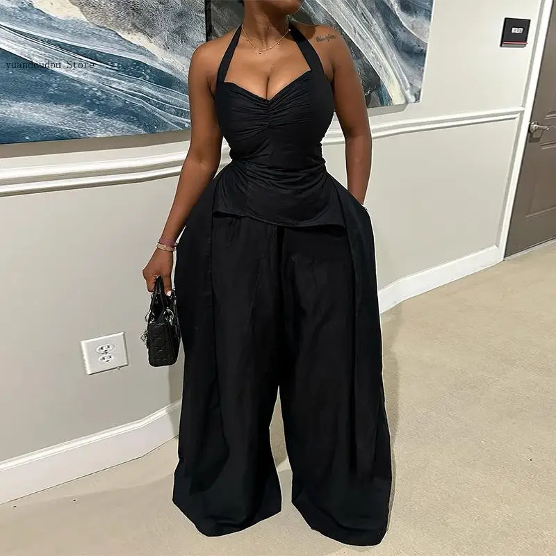 Women's Set Halter V-Neck Ruched Front Streamer Side Vest and Loose Wide Leg Pants Two 2 Piece Sets
