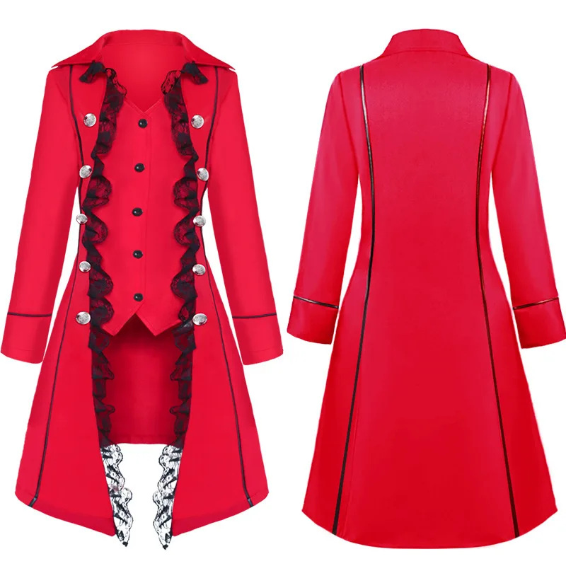 

Medieval Solid Color Long Sleeve Three Row Button Women's Lace Trim Coat Asymmetric Top