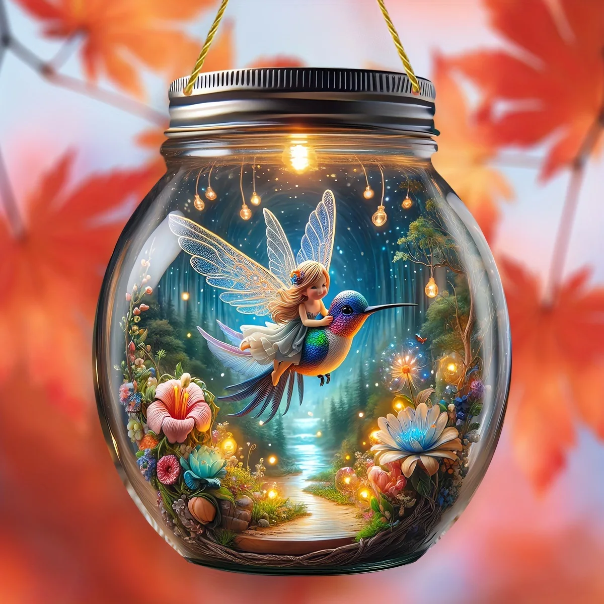 

Hummingbird cute princess fairy mason jar window hanging 2D stained glass style porch decorative wall