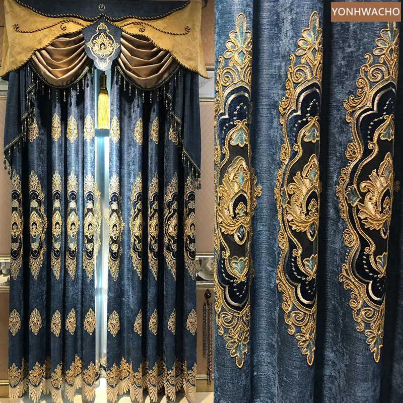 Custom chenille embroidery blue cloth blackout curtain valance tulle drape C808