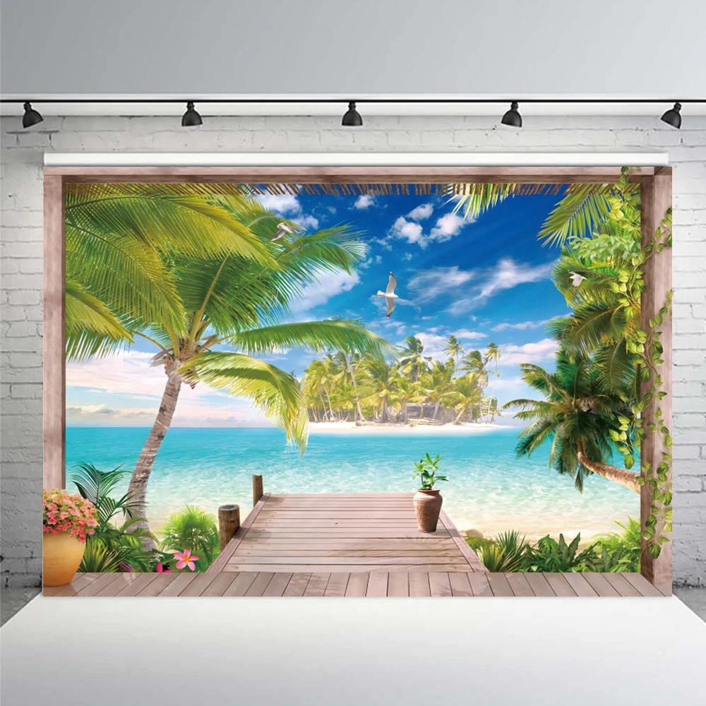 Tropical Beach Ocean Backdrop Summer Seaside Palm Tree Nature Scenery Birthday Portrait Holiday Party Photography Background