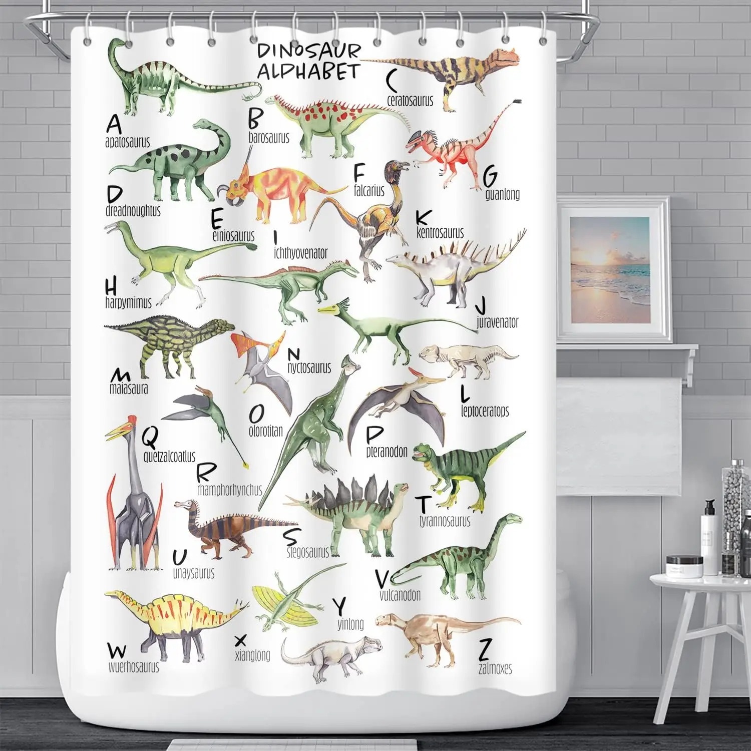 

Dinosaur Letters Chart Shower Curtain for Kids Bathroom Funny ABC Educational Learning Tool Bath Curtain Waterproof Fabric