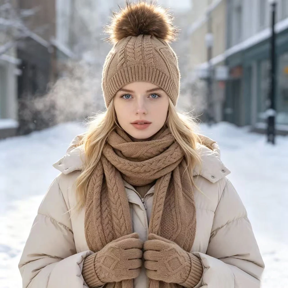 3Pcs Women Knited Hat Scarf Gloves Set Winter Warm real Real Raccoon Fur Ball Hats Outdoor Ear Protection Wool fleece Beanies