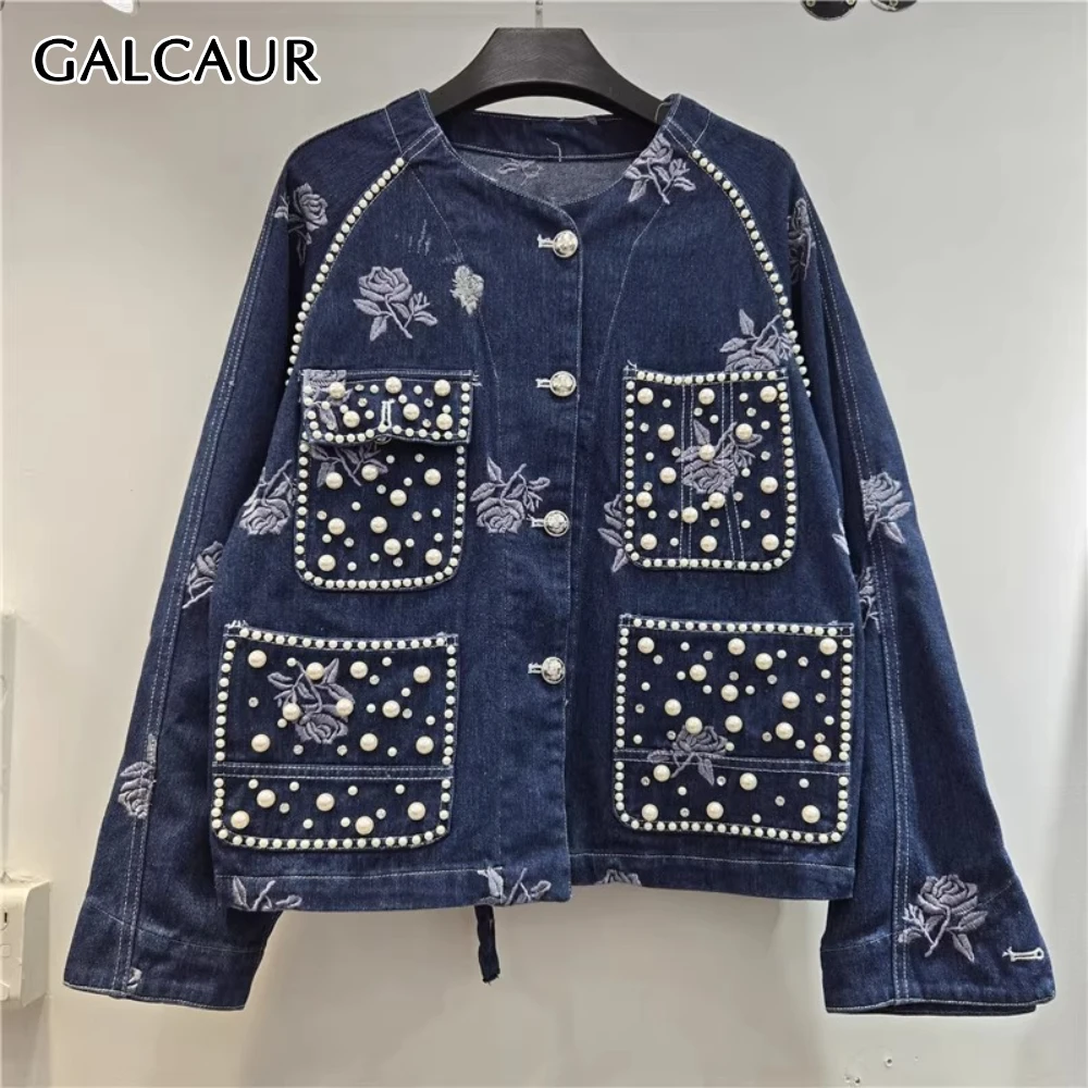 

GALCAUR темно-синяя базовая куртка со сращенными бусинами, женская свободная уличная одежда с круглым вырезом и длинными рукавами, женские куртки, модная летняя стильная новинка