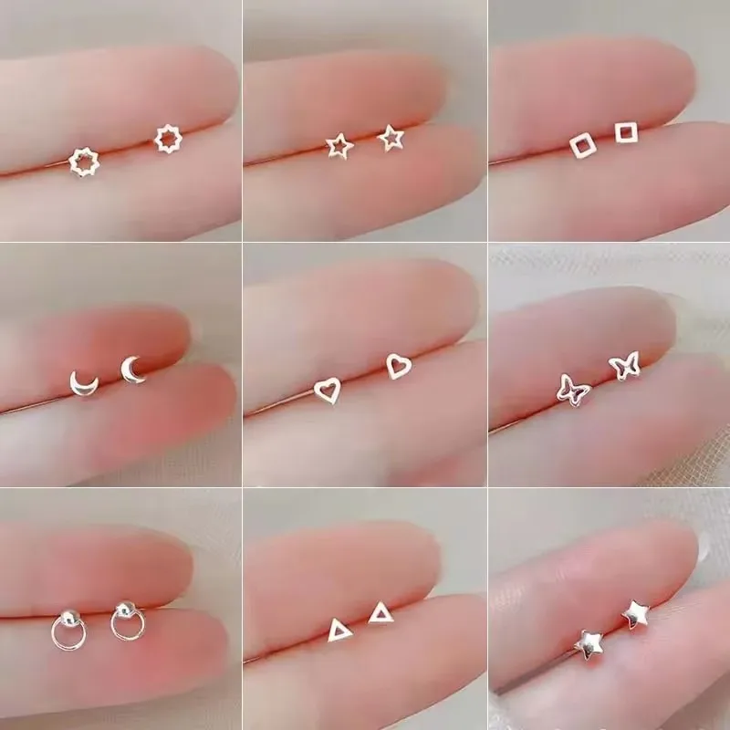 Korean Mini Small Heart Stars Stud Earrings For Women Student Teen Simple Tiny Minimalist Silver Color Ear Piercing Jewelry