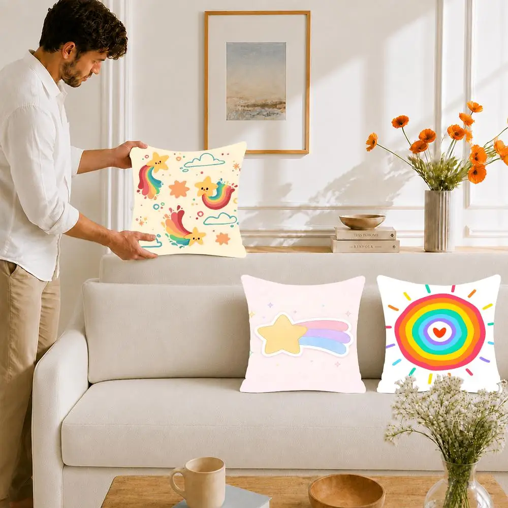 Art Symbol Rainbow Star Sun Cushion Cover Portable floor cushion for travel Yoga Minimalist text 2way tricot