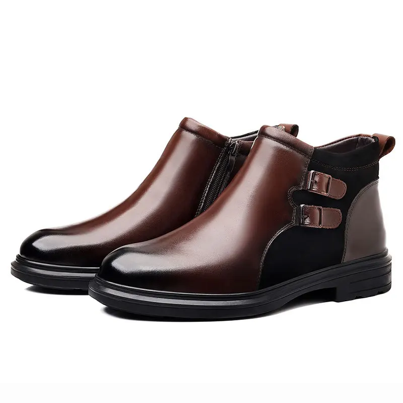 Winter Genuine Leather Wool Men\'s Ankle Boots Fashion Platform Non-slip Men Cotton Shoes buckle Designer Male Chelsea Boots male