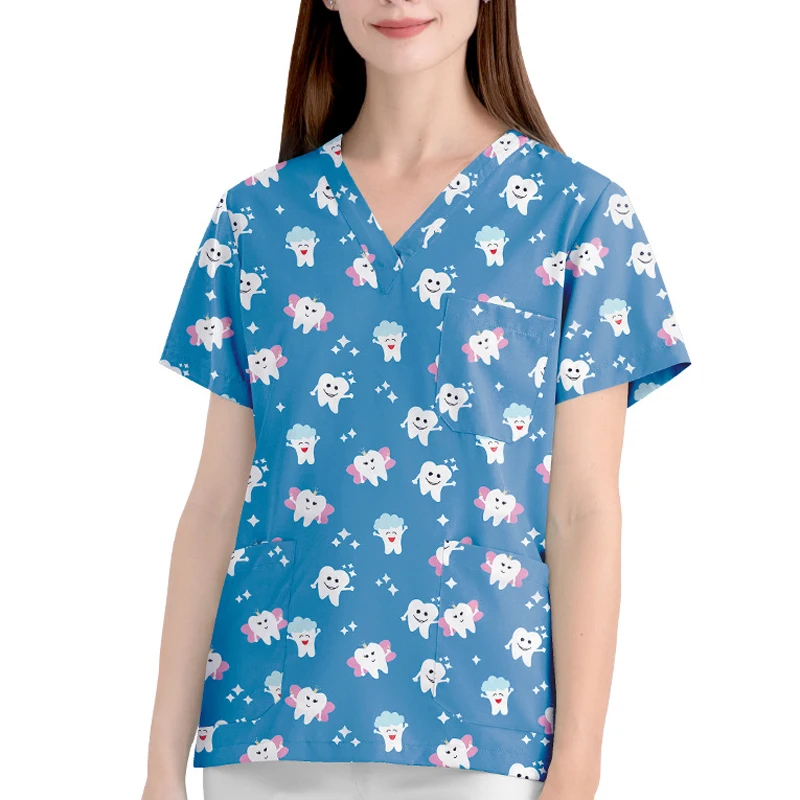 Cartoon Print Women Men's Scrubs Top Work Uniform Surgical Dentist Enfermeria Hospital Clinic Pharmacy Nursing Work wear Blouse