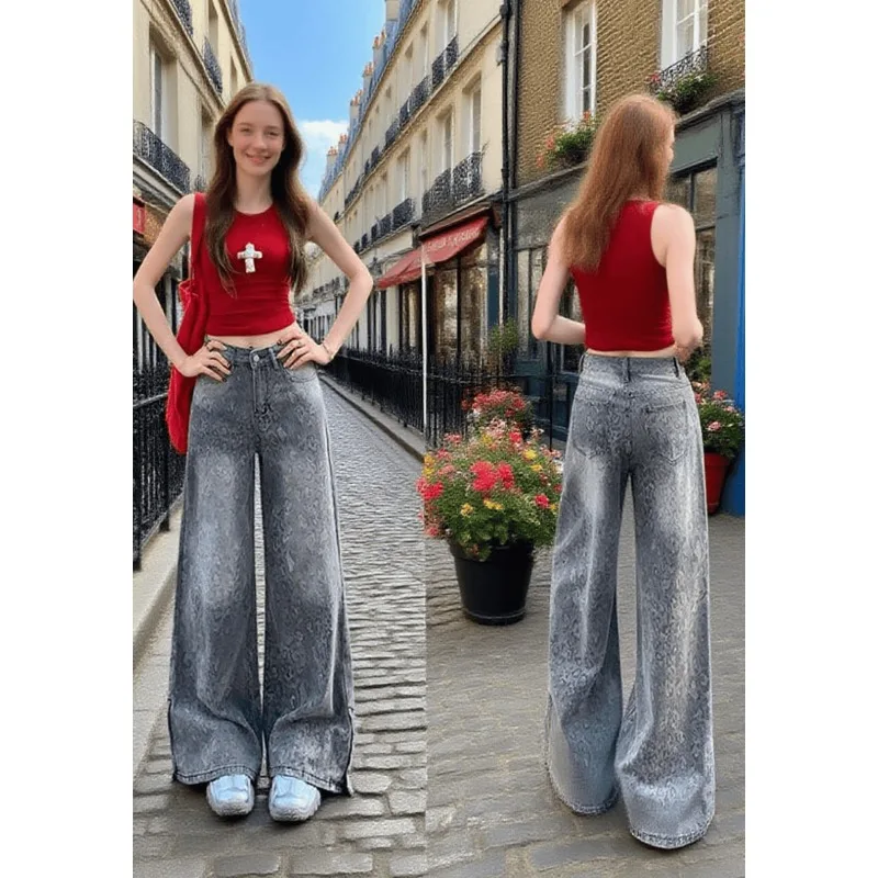 

Свободные повседневные джинсы с высокой талией для свиданий, женские широкие брюки, однотонные прямые универсальные брюки в европейском и американском стиле