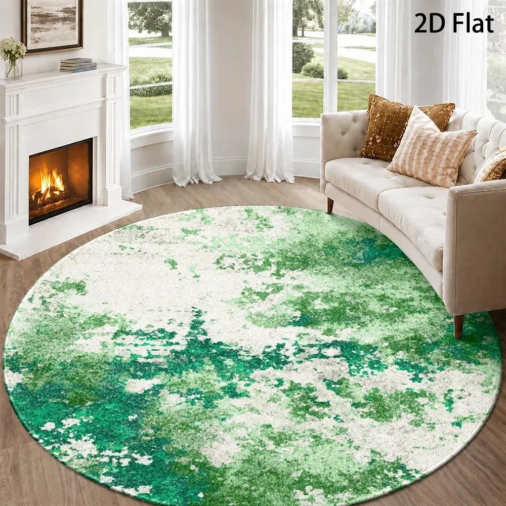 Modern Green White Round Carpet Mottled Blended Watercolor Splash Textured Print Circular Floor Rug for Living Room Bedroom