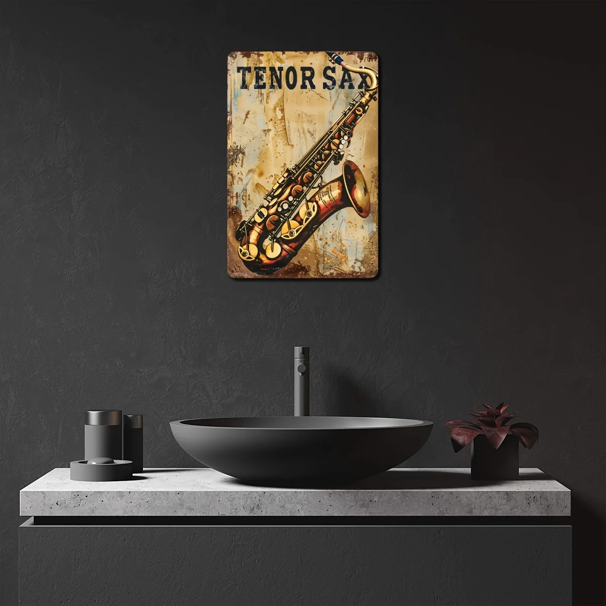 Vintage Tenor Saxophone Metal Tin Sign - , Rustic Wall Art with Golden Hues,Distressed Finish, Durable Iron Decor for Bedroom, L