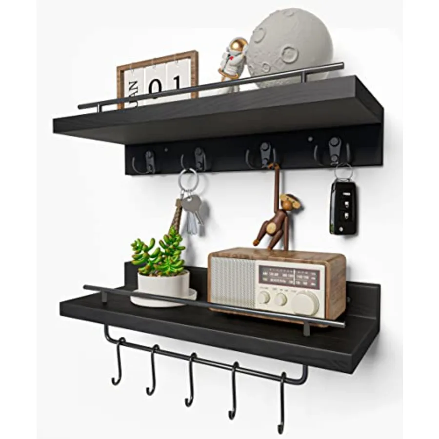 

Wood Floating Shelves with Metal Hooks, Wall Mounted Coat Rack with Shelf Set of 2, Bathroom Wall Shelf with Removable Towel Ba