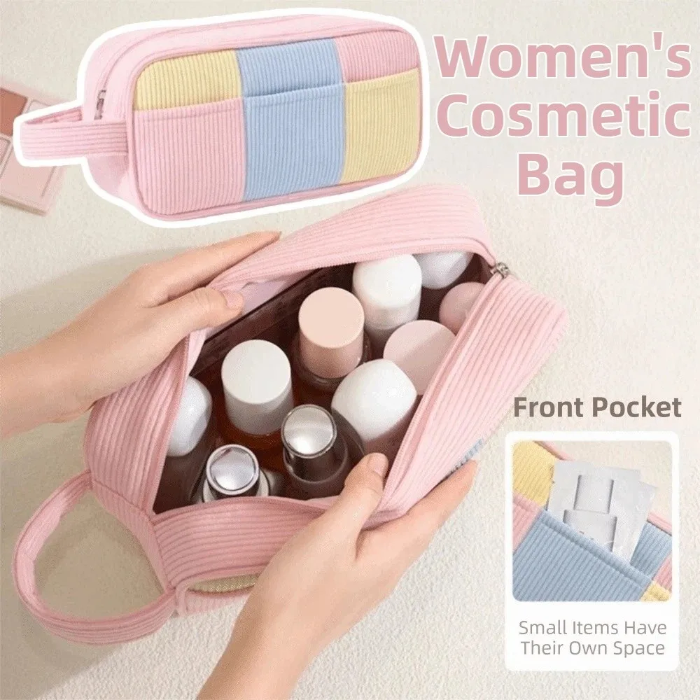 

Cartoon Women's Cosmetic Bag Large Capacity Macaron Color Striped Makeup Bag Portable Handheld Makeup Storage Case