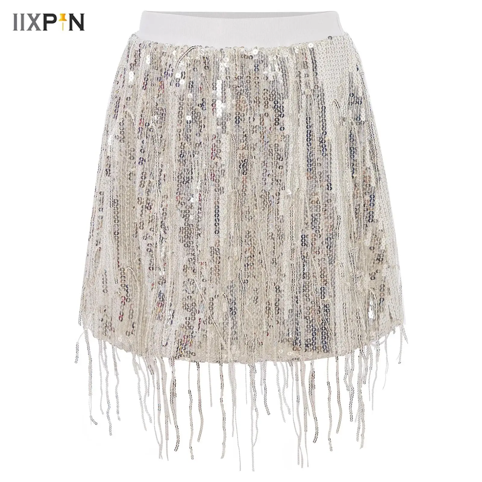 

Kids Girls Sparkling Sequin Tassel Jazz Latin Dance Skirt Elastic Waistband A-line Skirts Bottoms Stage Performance Dancewear