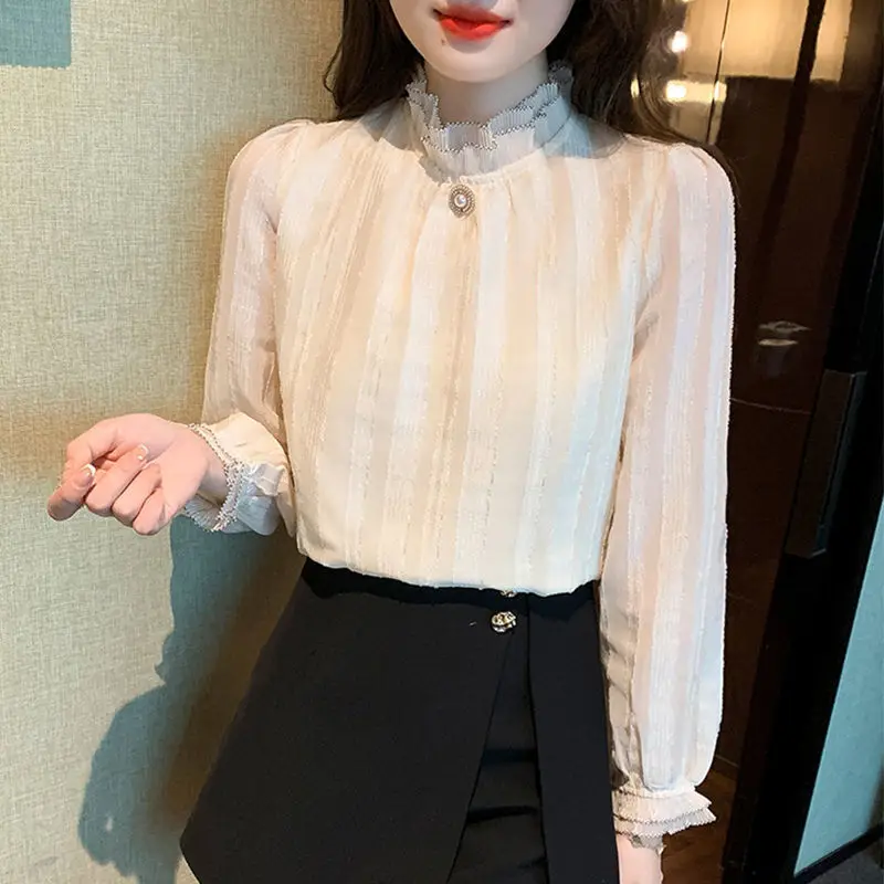 Women\'s Fashion Vintage Ruffle Beaded Sweet Blouse Elegant Chic Stand Collar Chiffon Shirts Female Casual Long Sleeve Solid Tops